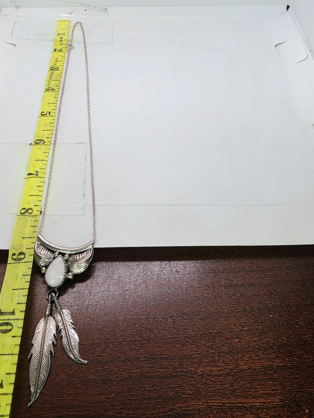 Vintage Native American Sterling Silver MOP White Dangle Feather Necklace Signed